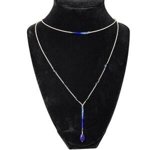 Lucky Brand Blue Beaded Layered Necklace | Silver Tone Y-Drop | 20”